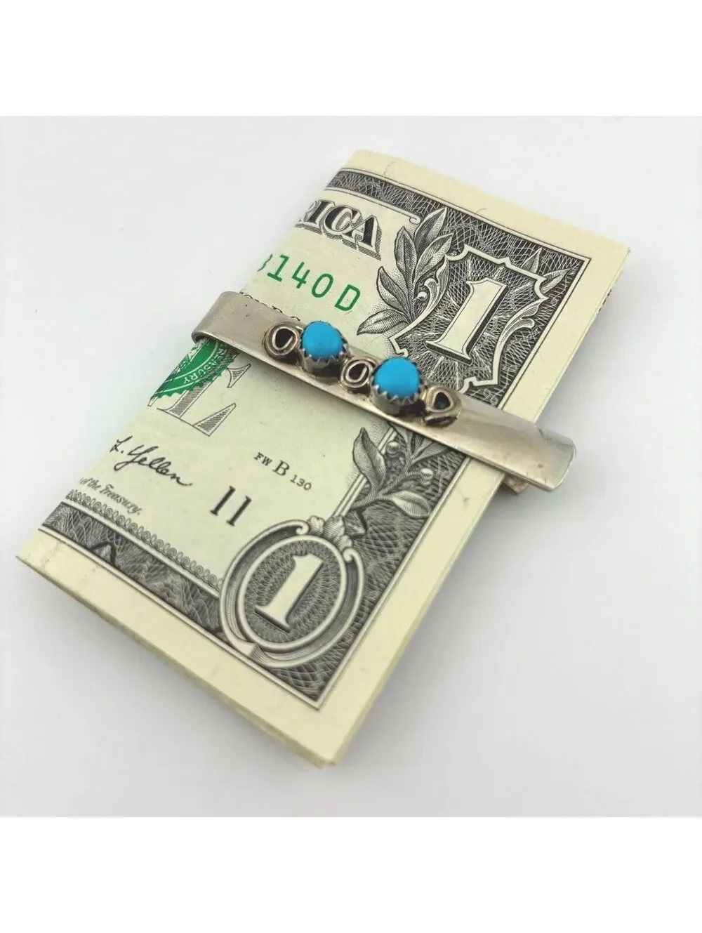 Vintage Nickel Money Clip with Turquoise Stones set in Silver Bezels SW style